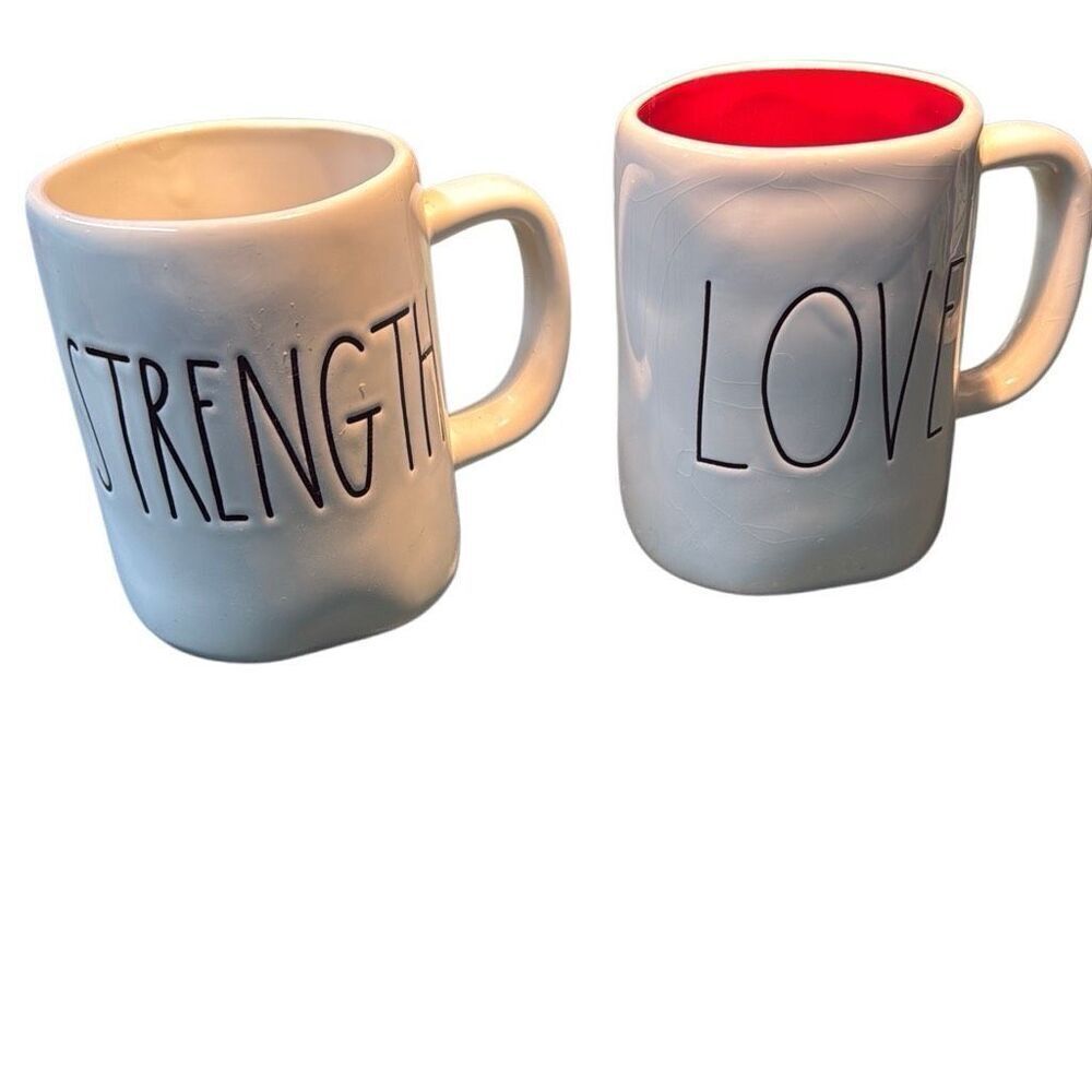 Set of 2 Magenta White Love Strength Rae Dunn Artisan Coffee Mug